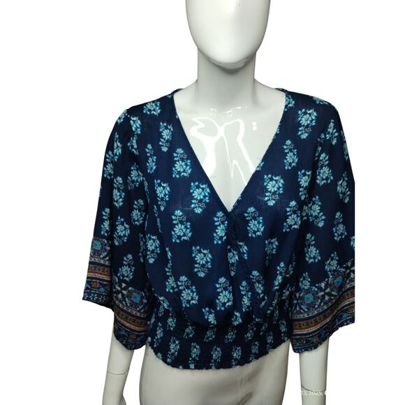 Twine & String Womens Large Top Kimono Sleeve Mosaic Floral Smocked Waist Boho - Picture 6 of 13